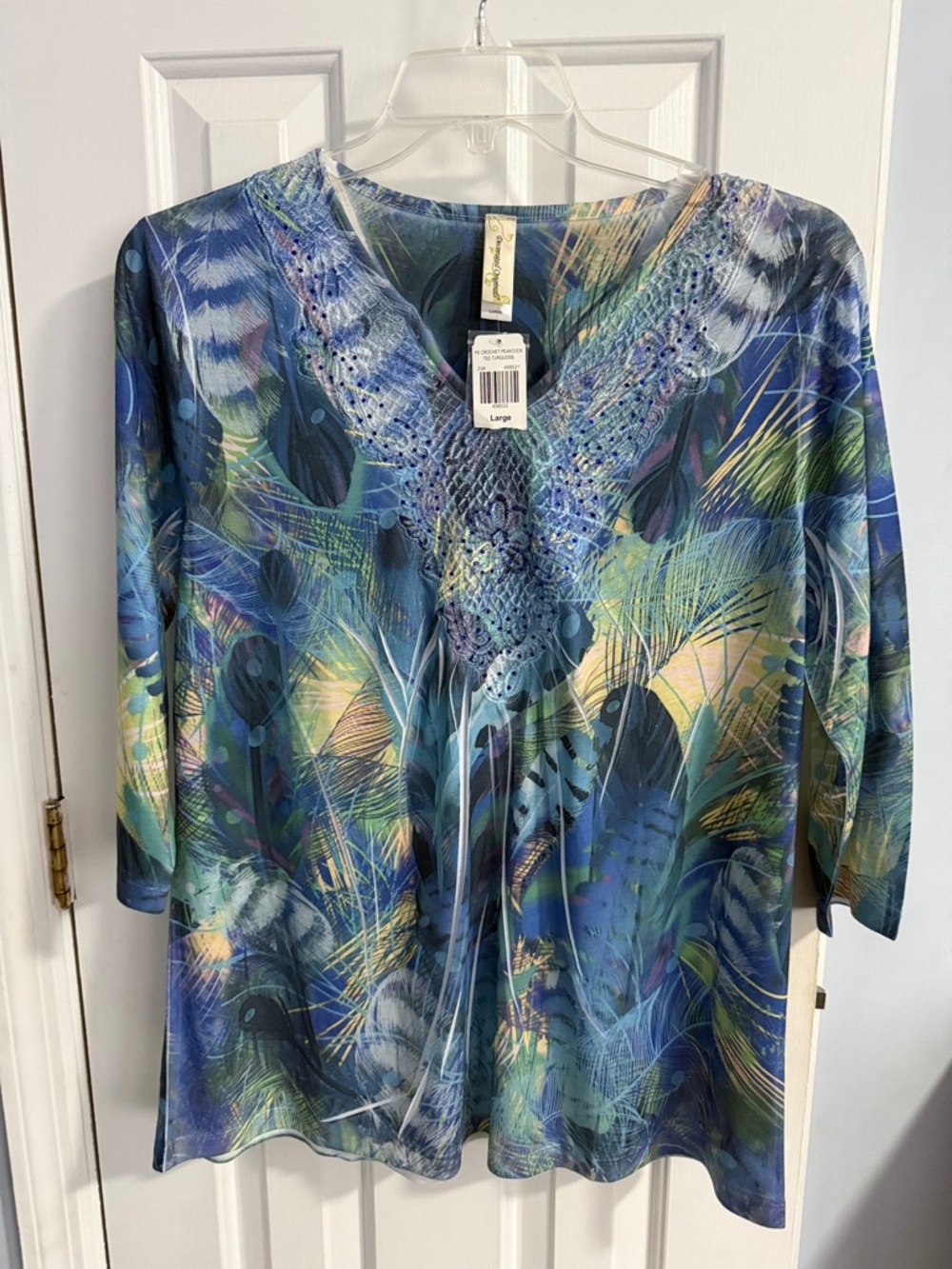 Blue Multicolor V-Neck Women's Top with Lace Trim